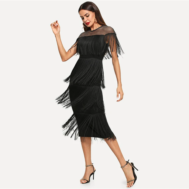 SHEIN Black Highstreet Party Going Out Elegant Sheer Yoke Layered Fringe Detail Dress Autumn Modern Lady Women Dresses