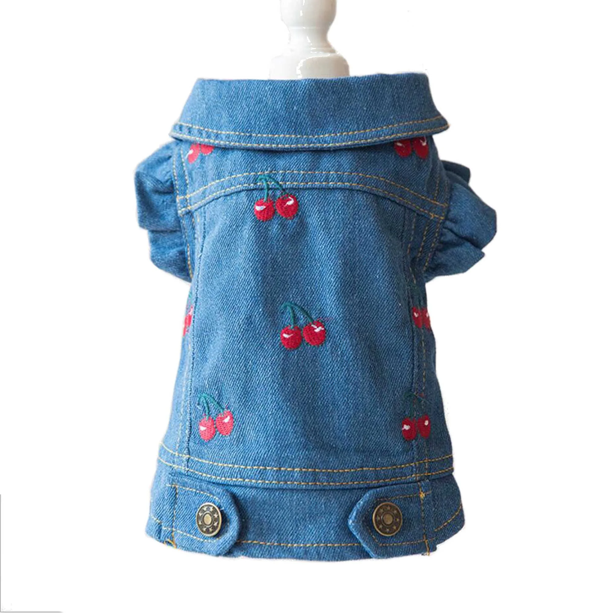 NEW Denim Dog Jacket Cherry Pet Clothes Ruffle Sleeve Retro Style XS S