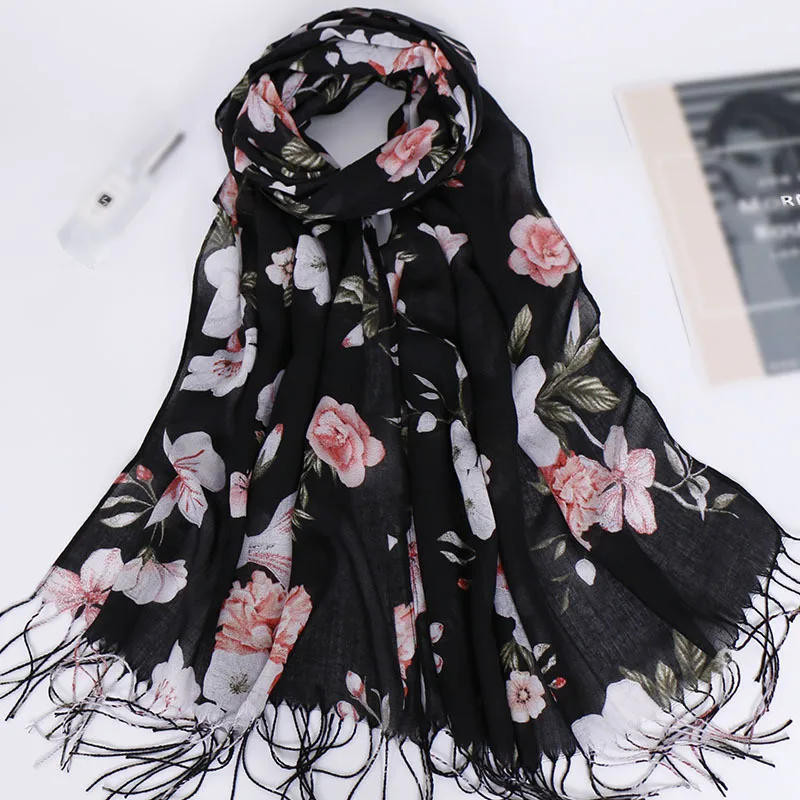 Модный шарф-шаль из вискозы в цветочек с кисточками, женский шарф высокого качества, шарф-тюрбан, хиджаб для исламских мусульман