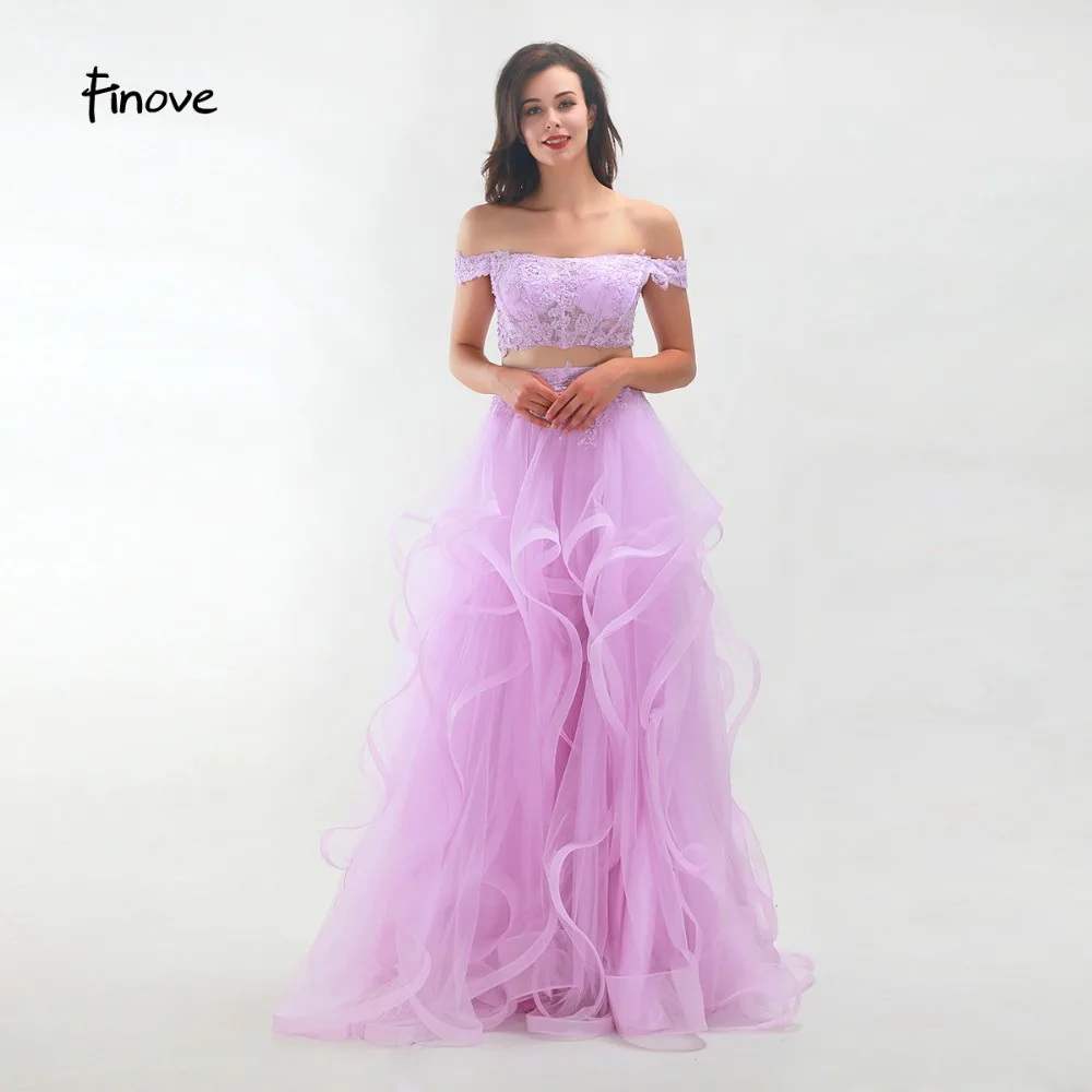 

Finove Evening Dress 2019 Two-Piece Set Lace Boat Neck Off The Shoulder Ruffles A Line Dress In Woman Dresses Vestido Do Fiesta
