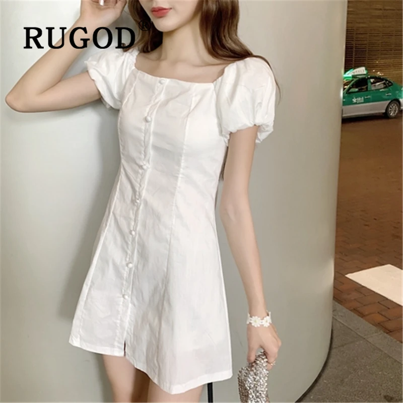 

RUGOD Korean chic white mini women dress Elegant off shoulder slim singlt-breasted ladies dresses vestidos 2019 summer dresses