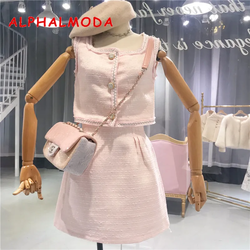 ALPHALMODA 2018 летние женские элегантные без рукавов пальто + мини-юбка 2 шт. комплекты однобортный перламутровыми пуговицами повседневные туфли