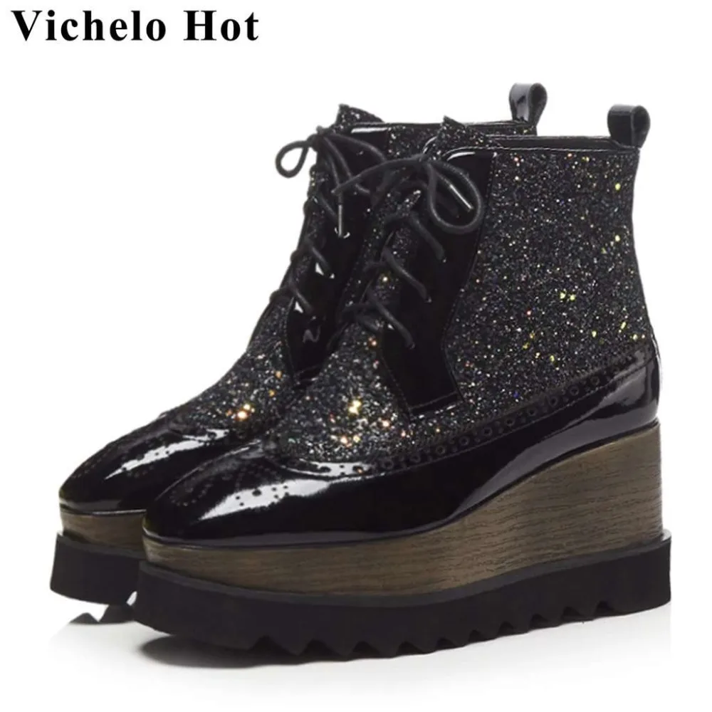 

Vichelo Hot plus size sequined material lace up wedges high heels punk European style square toe handsomen girl ankle boots L55