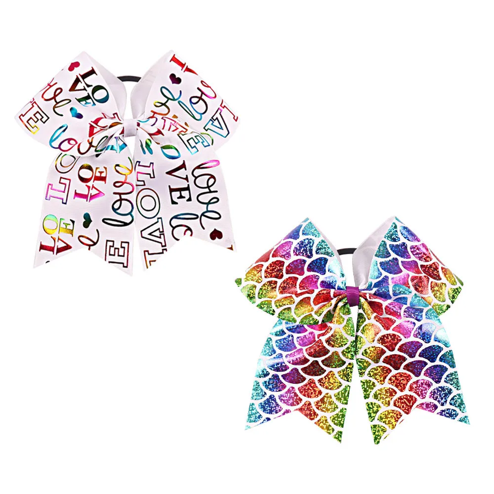 

7'' Large Mermaid Ribbon Cheer Bow For Girls Hair Bows With Letter Red Lips Printed Elastic Band Bow Children Hair Accessories