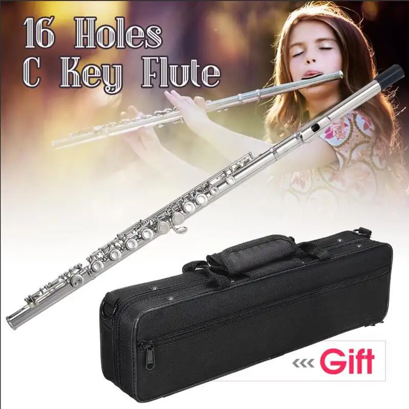 

66cm 16 Holes C Key Concert Flute Kit Silver Plated Cupronickel Musical Instrument with Cleaning Cloth Stick Screwdriver Set