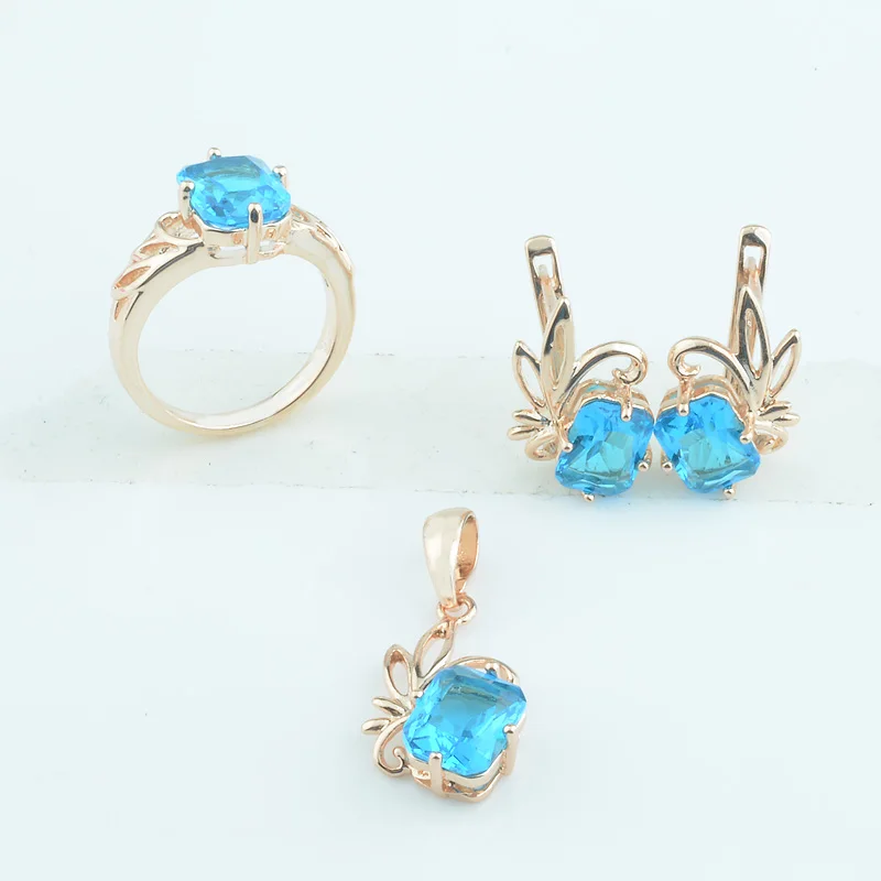 

1 Set Women 585 Rose Gold Color Blue Stone Dangle Earrings Set Pendant Rings Jewelry Sets