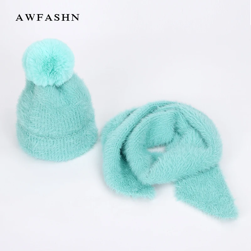 

Hot Cute Children's Solid Color Knit Beanies Scarf 2 Pieces Set Winter Angora Wool Soft Hat Scarves Boy Girl Luxury Kids Baby