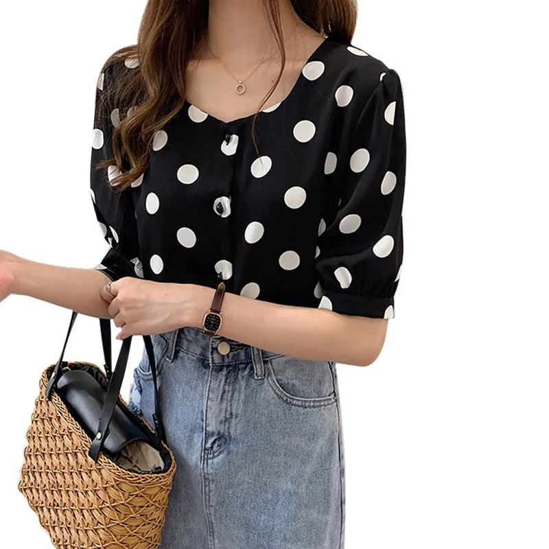 

2019 blouse women Simple Loose Square Collar Short Sleeve Dot Print Button Up Chiffon Basic womens tops and blouses