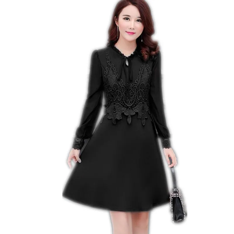 

Plus Size 5XL Women Pullovers Mini Dress 2019 New Spring Women Mid Waist Work Dress Office Lady Ruffled Collar Lace Dress Q031