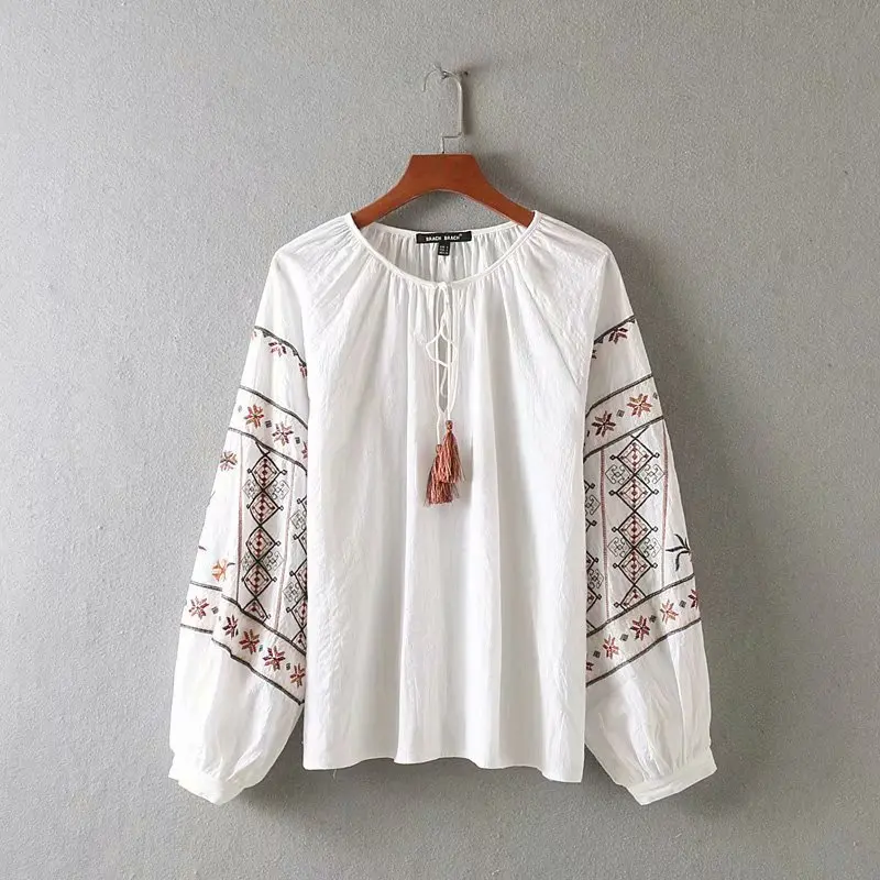 

Hot sale CC58-9092 European and American fashionable embroidered shirts with ribbons