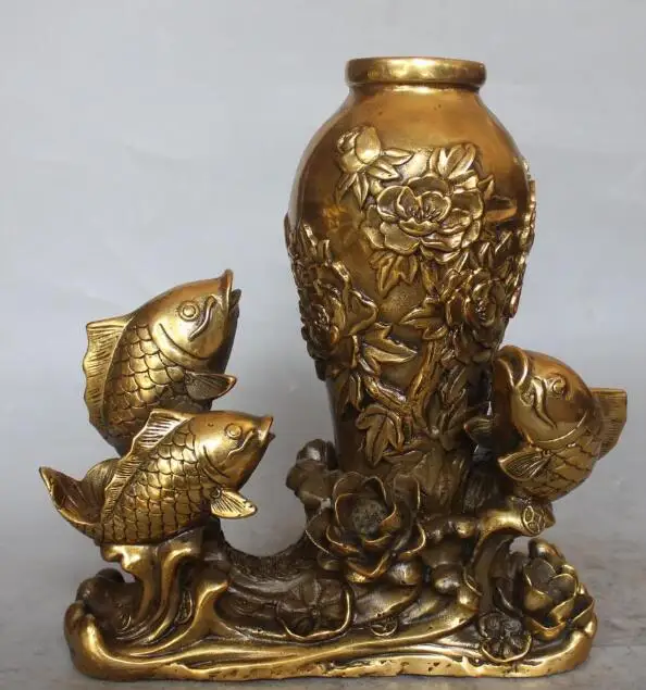 

S5147 12" Chinese Bronze Jump Fish Fishes Goldfish Lotus flower Bottle Vase Pot Statue
