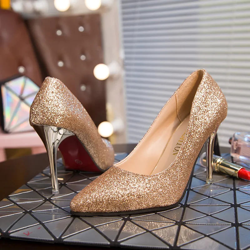 Весенние блестящие туфли золотистого цвета на высоком каблуке женские туфли с острым носком, серебристого цвета свадебные туфли для подружки невесты Mujer s019