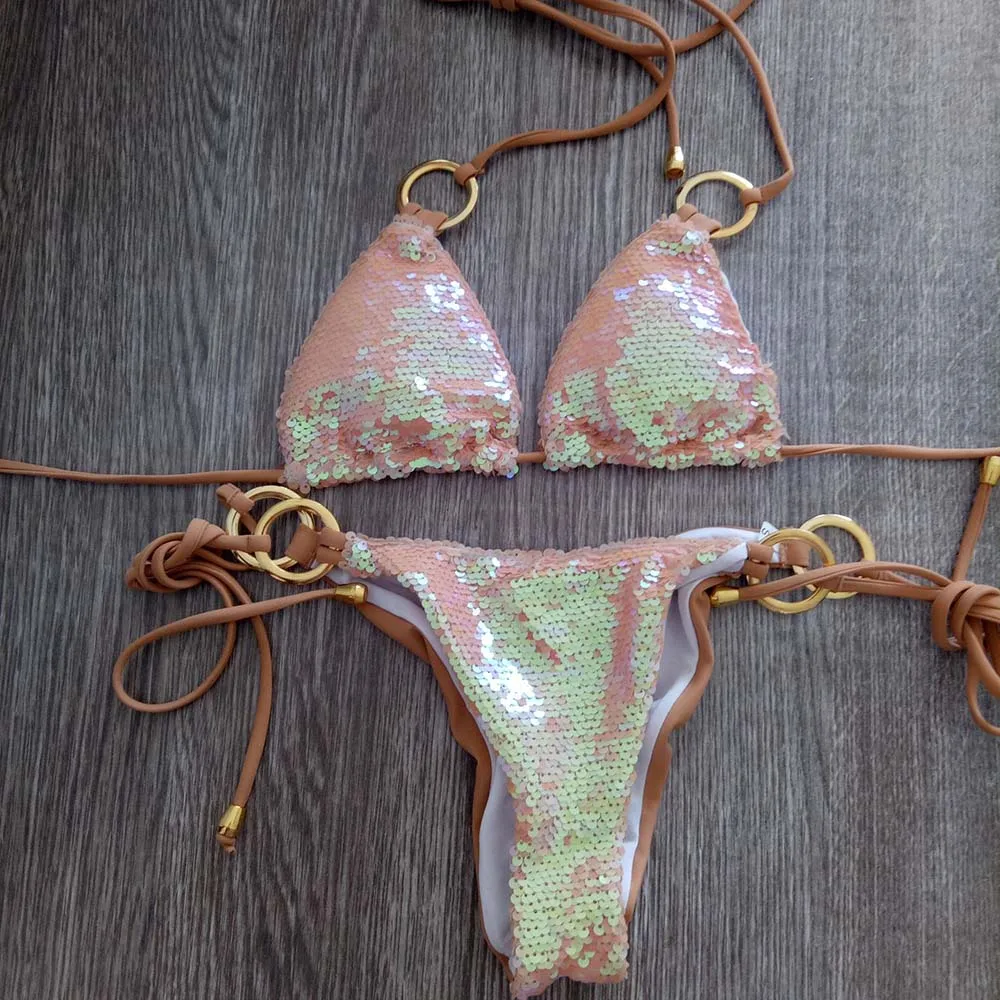Купальник бикини женский с треугольными блестками и лямкой на шее|Комплекты