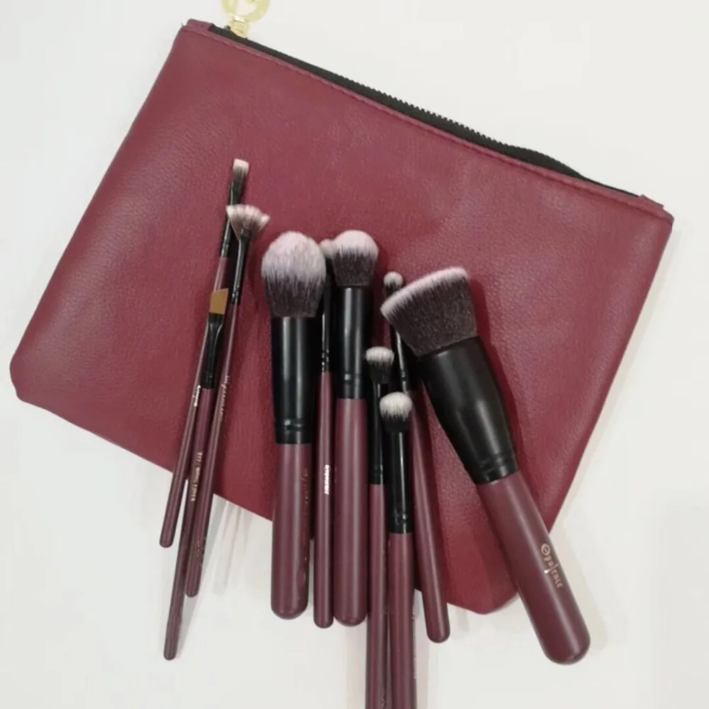 

Burgundy Vegan 10Piece Makeup Brush Set With Clutch Zipper Bag Cosmetic Red Wine Color Retail Package