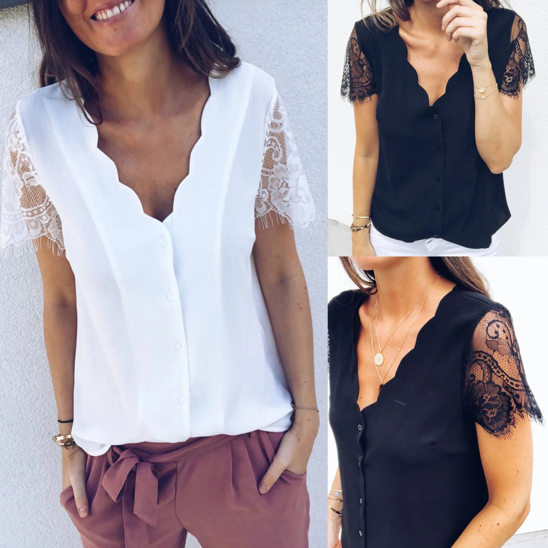 

2019 Casual Women V Neck Lace Button Patchwork Short Sleeve Women Blouses Women Tops and Blouse Women Shirt