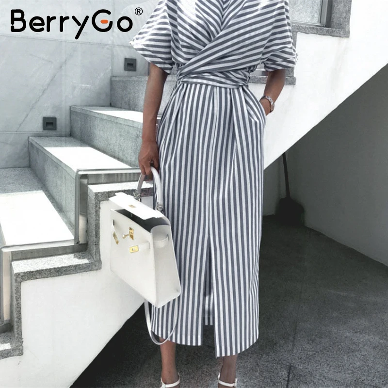 BerryGo плюс размер хлопок в полоску женское платье Летний стиль бандаж Сплит миди
