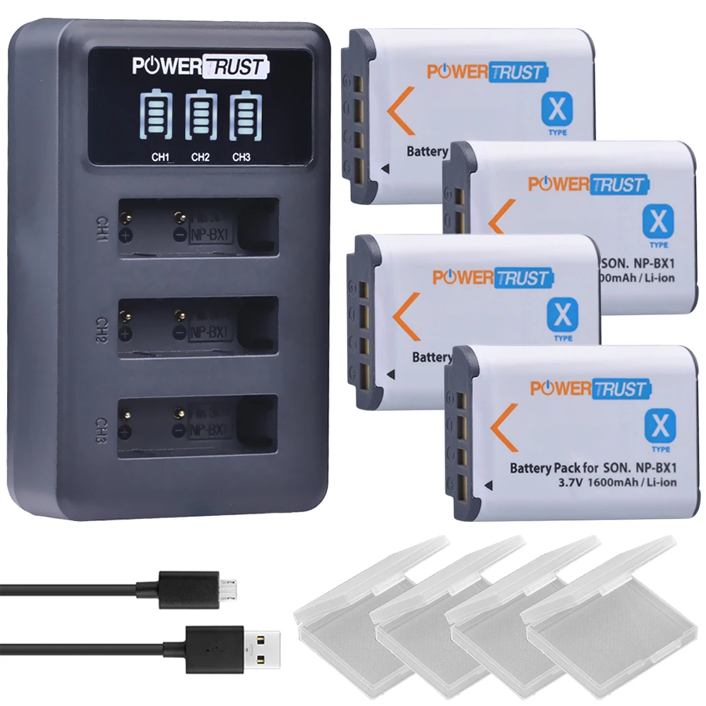 PowerTrust NP-BX1 NPBX1 акумуляторная батарея+ светодиодный 3 слота USB Зарядное устройство для sony комплектующие фотоаппарата sony DSC RX1 RX100 AS100V M3 M2 HX300 HX400 HX50 HX60 GWP88 AS15 - Цвет: 4battery and charger