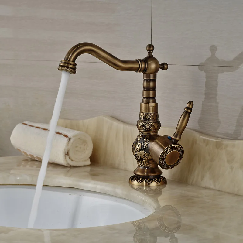 Artistic Carved Face Brass Basin Sink Faucet Deck Mount Antique Single Handle Hot Cold Mixer Taps for Bathroom