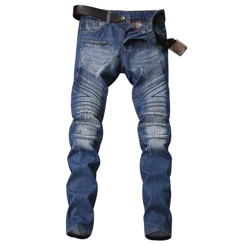 

Men's Pleated Moto Biker Jeans Distressed Slim Designer Vintage Jean for Men Runway Slim Denim Long Pants Punk Rock