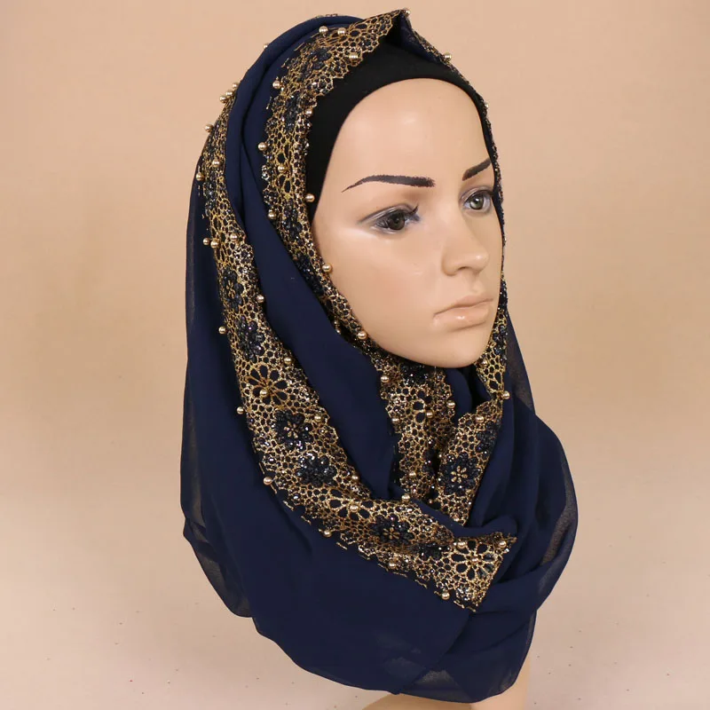 

Laven women's lace chiffon silk gold beads scarf glitter floral plain hijab muslim pearl nice 9 color scarves/shawls 180*85cm