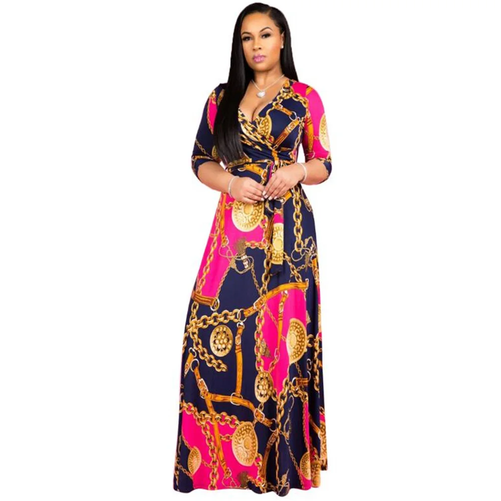 

African Costumes Plus Size Party Dress Fashion Trend Print Long Maxi Dress V-neck Ladies Dashiki African Dress Women Clothing