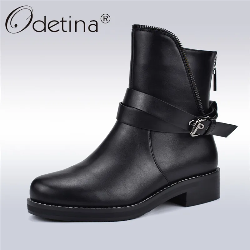 

Odetina Autumn Winter Thick Plush Ankle Boots Women Fashion Zippers Motorcycle Boots Female Buckle Strap Square Heels Warm Shoes