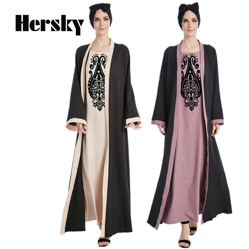 

Fake Two Pieces Dubai Abaya Muslim Women Dress Fashion Soft Islamic Abayas Clothing Turkish Kaftan Robe Flocking Printed Dresses