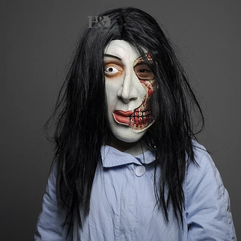 Latex Scary Long Black Hair Disfigured Full Mask Cosplay Ghost Adult Party Mask Halloween Props Masquerade Fancy Dress Costume  (3)