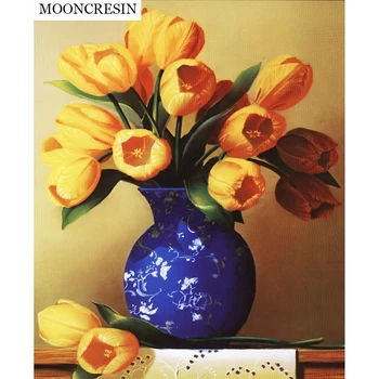 

5D Diamond Painting Cross Stitch Flower Full Square Diy Diamond Embroidery Crystal Yellow Tulip Needlework Mosaic Arts Decor