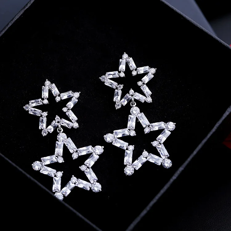 

Spring 2018 New Personality Pentagram Earrings Exaggerated Zircon Size Stars 925 Silver Earrings Accessories