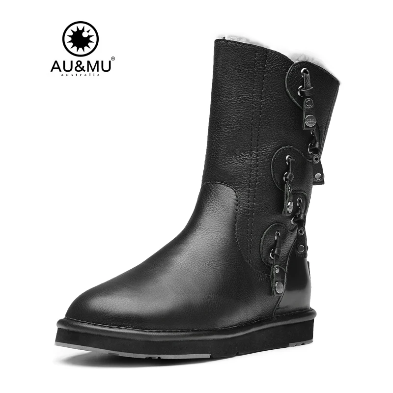 

2017 AUMU Australia Fur Flat Leather Pull On Thick Platform Round Toe Rubber Soles Winter Snow Boots UG N389