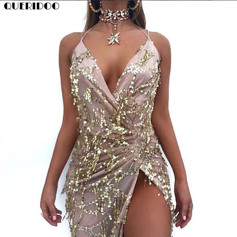 Buy Cheap QUERIDOO bohemian dress women 2017 new summer sequined tank deep v-neck High Split dresses woman sexy party street wear vestidos