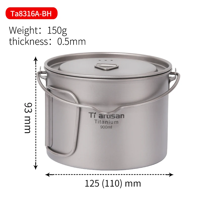 Tiartisan 900 ml de titanio puro olla con la fianza de Camping al aire libre ultraligero de Picnic de utensilios de cocina con cubierta Ta8316A-BH