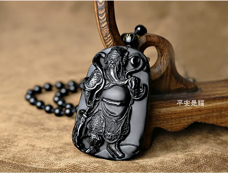 Натуральный черный обсидиан резьба Guan Yu кулон ожерелье Mammon Gong Lucky амулет в