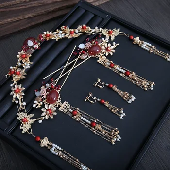 

Chinese-style red phoenix headdress earrings tassels hairpins crown hair stick wedding bride hair accessories