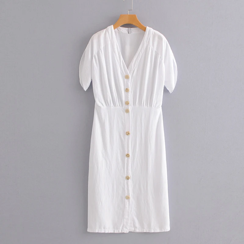 Women's Clothing Dress 2019 Solid Color Casual Style V-Neck Single-Breasted Dress Ms Summer Street Sexy Temperament Clothing