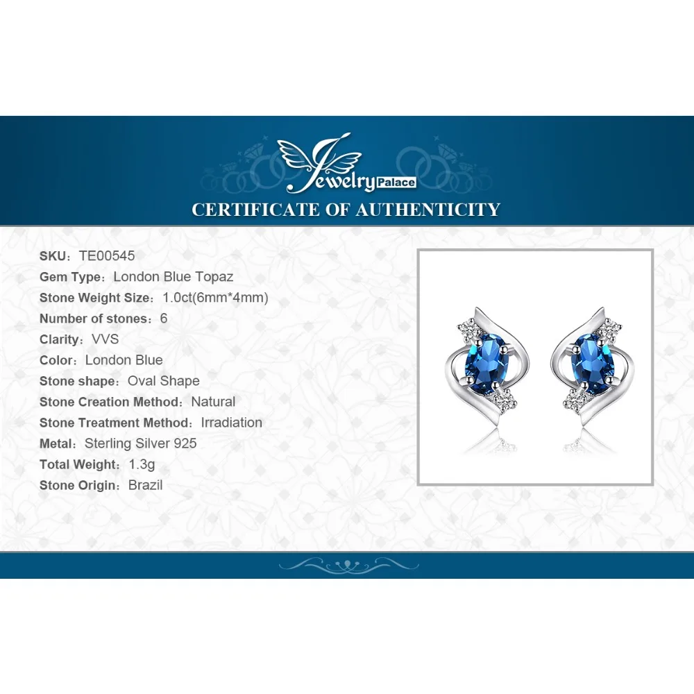 Jewelrypalace Овальный 1.1ct Природные Лондон Голубой топаз Серьги гвоздики 925 серебро