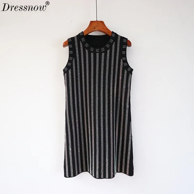 

Good Quality Women Luxury Beaded Studded Dress Ladies Vintage Sleeveless Pearl Dress Latex Bead Runway Office Dresses dress35