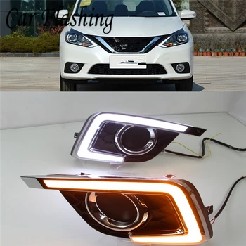 

Car Flashing 2pcs For Nissan Sentra 2016 2017 2018 2019 LED DRL Daytime Running Lights fog lamp cover with yellow turn Signal