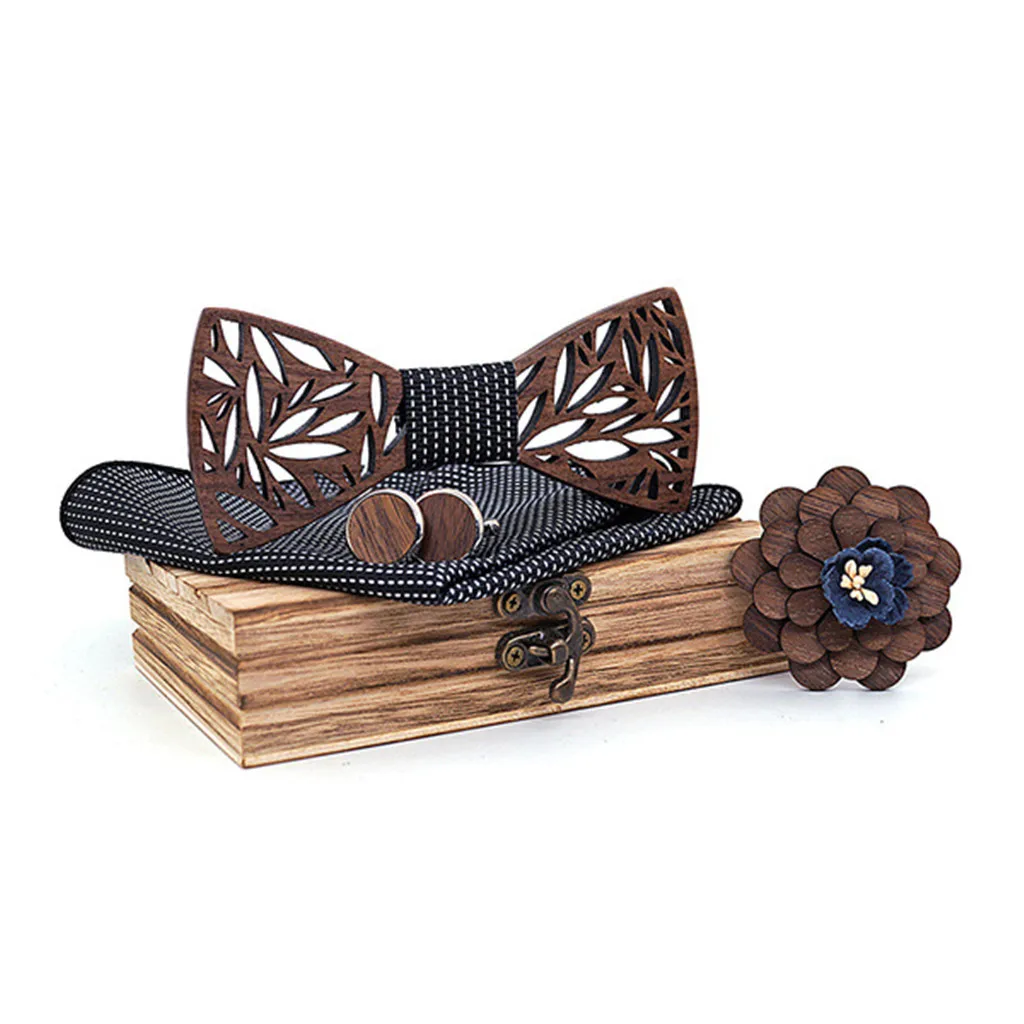 Wooden Bow Tie Handkerchief Set Men's Plaid Bowtie Wood Hollow carved cut out Floral design And Box Novelty ties Bowtie