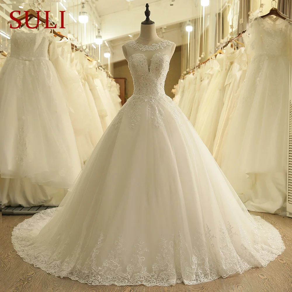 

SL-9011 Vintage O-Neck Backless Illusion Lace Chapel Train Wedding Dress Bridal Gowns 2017