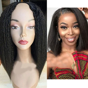 

SimBeauty Middle Open 100% Human Hair Afro Kinky Straight U Part Wigs 100% Unprocessed Peruvian Bob Yaki Straight Wig Remy Hair