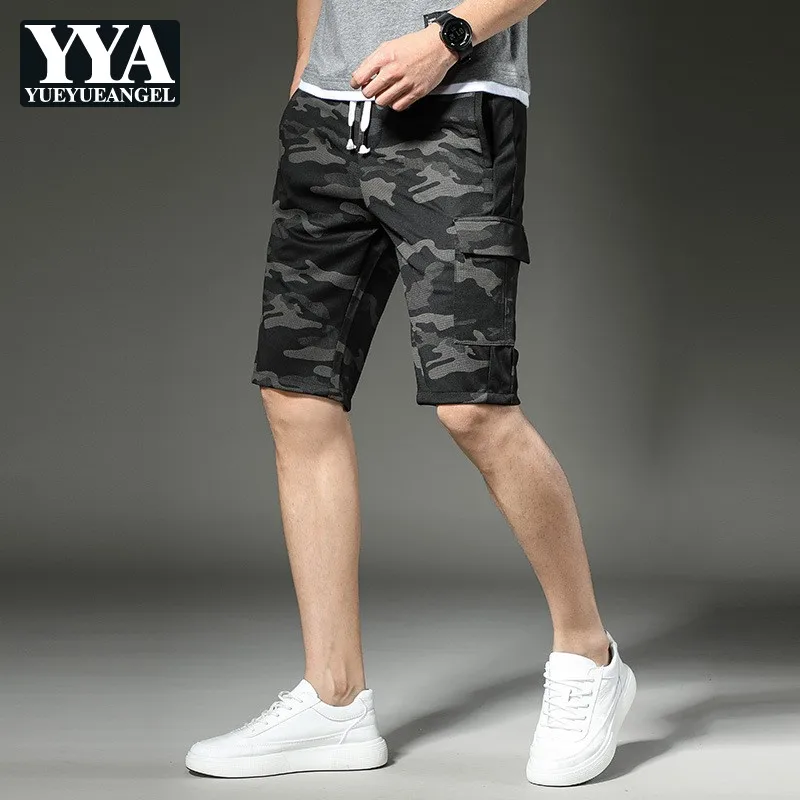 Модные мужские шорты длиной до колена летний с эластичной талией для бега на улице короткие брюки для стройных мужчин камуфляжные пляжные шорты с принтом