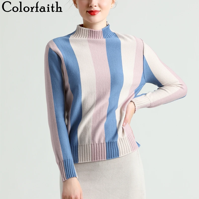 

Colorfaith New 2019 Autumn Winter Women's Sweaters Tops Pullovers Korean Style Elegant Turtleneck Striped Multi Colors SW1810