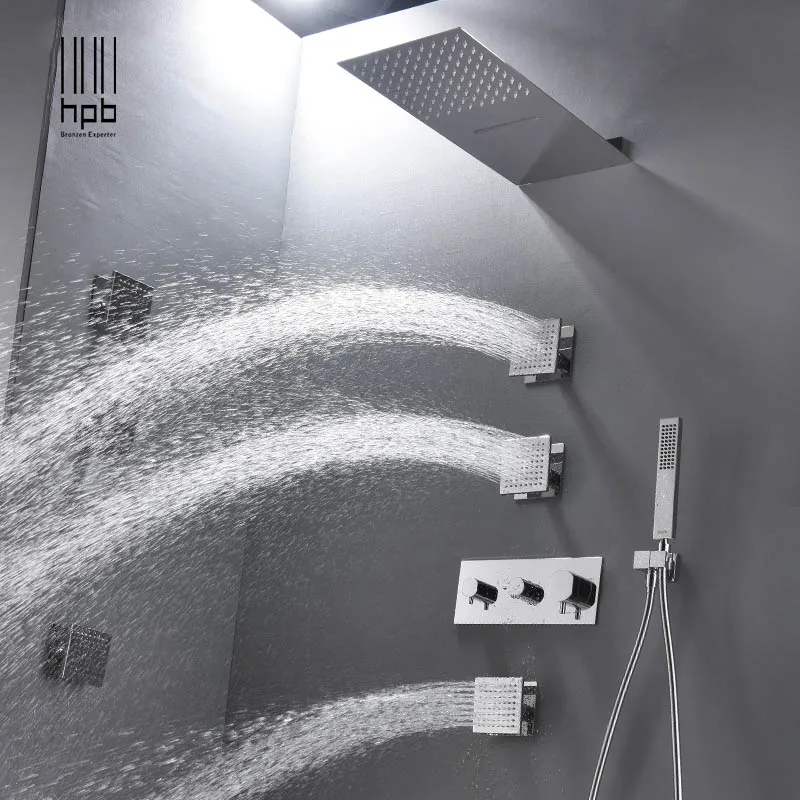 HPB 250x550cm 4 functions wall mounted waterfall rain shower set with handshower cold and hot water mixer with body Jet HP8012A HPB 250x550cm 4 functions wall mounted waterfall rain shower set with handshower cold and hot water mixer with body Jet HP8012A