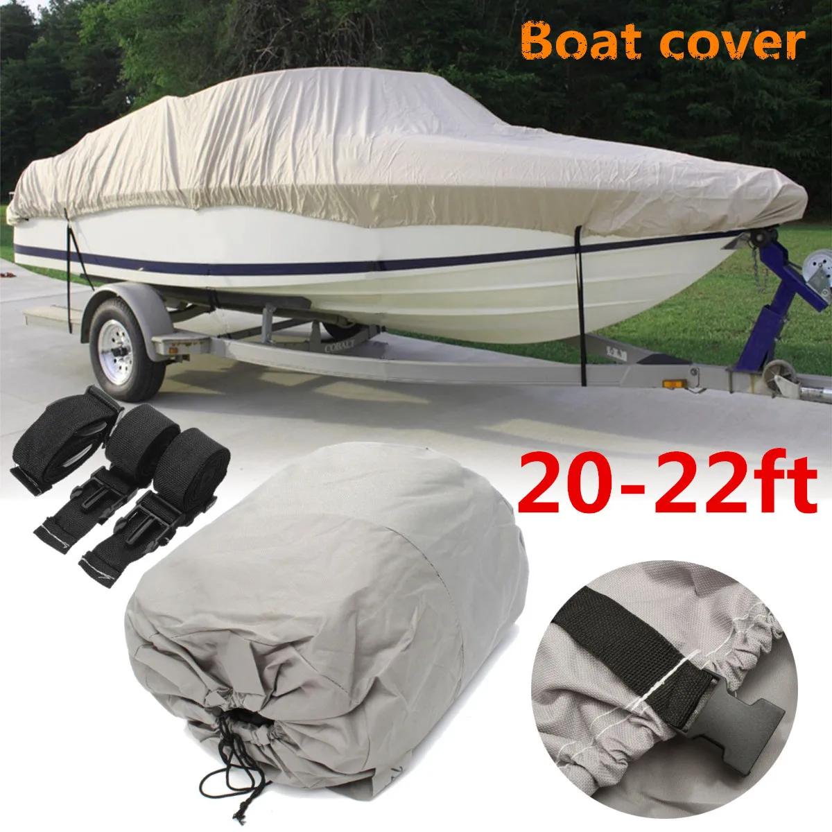 20 22ft 600D Grey Waterproof Heavy Boat Cover Fishing Ski VHullin Boat