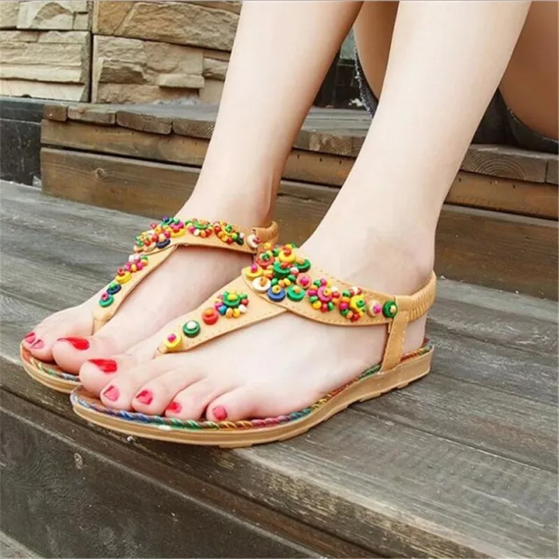 

2017 summer new Bohemian Colorful beaded sandals female national Soft flat sandals herringbone Women shoes .HYKL-818