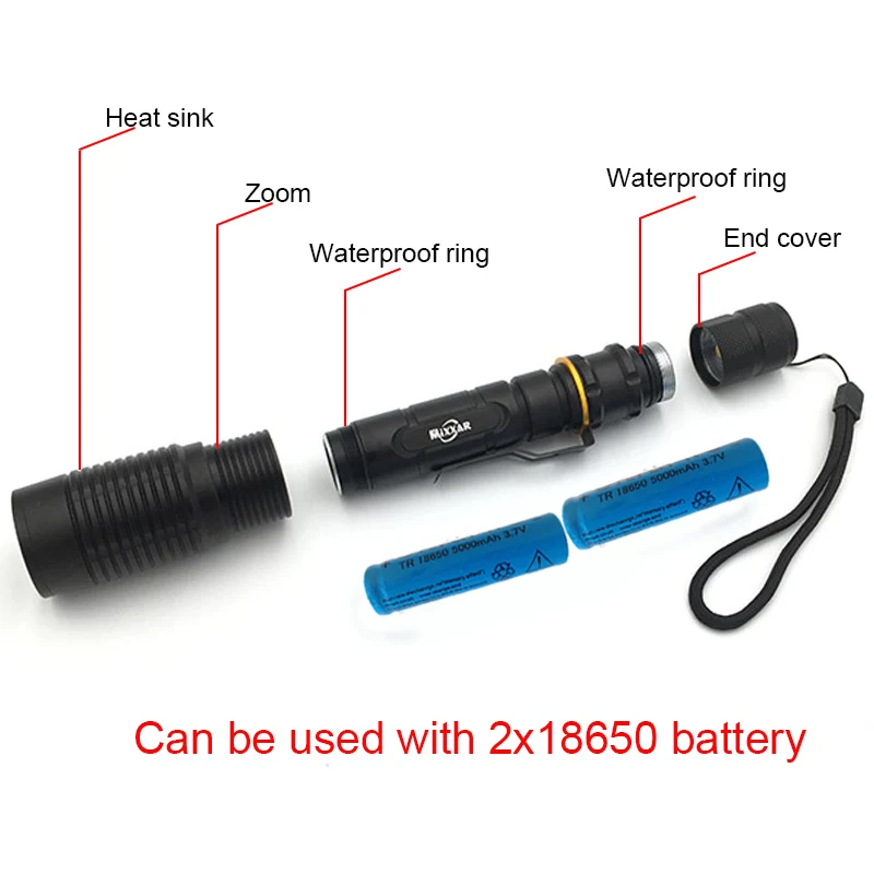 ZK20 T6 светодиодный фонарик 8000LM 5 режим torch light подходит 2 х 5000 mAh батареи