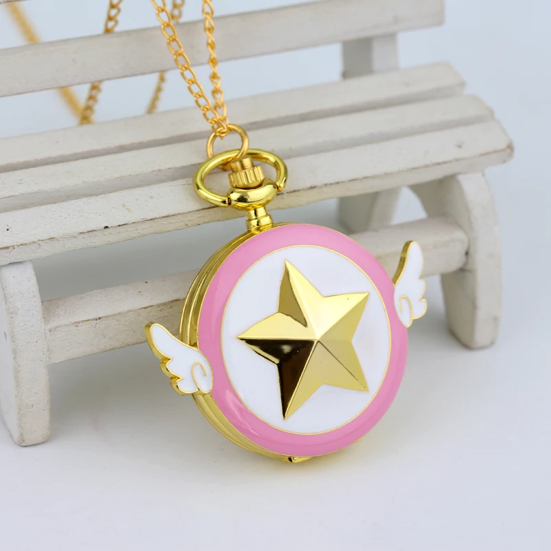 

Anime Cardcaptor Sakura Pocket Watch Necklace Women Vintage Quartz Fob Clock Chain Pendant Children Cute Gift Girl Kid
