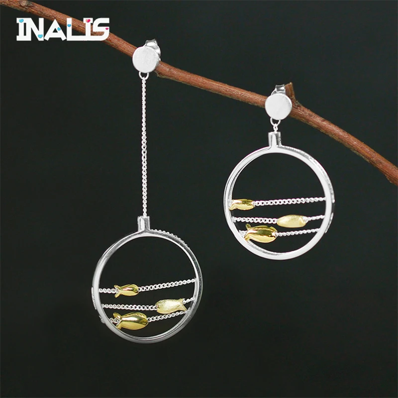 

INALIS New Real 925 Sterling Silver Handmade Designer Fine Jewelry Creative Cute Moving Happy Fishes Dangle Earrings for Women